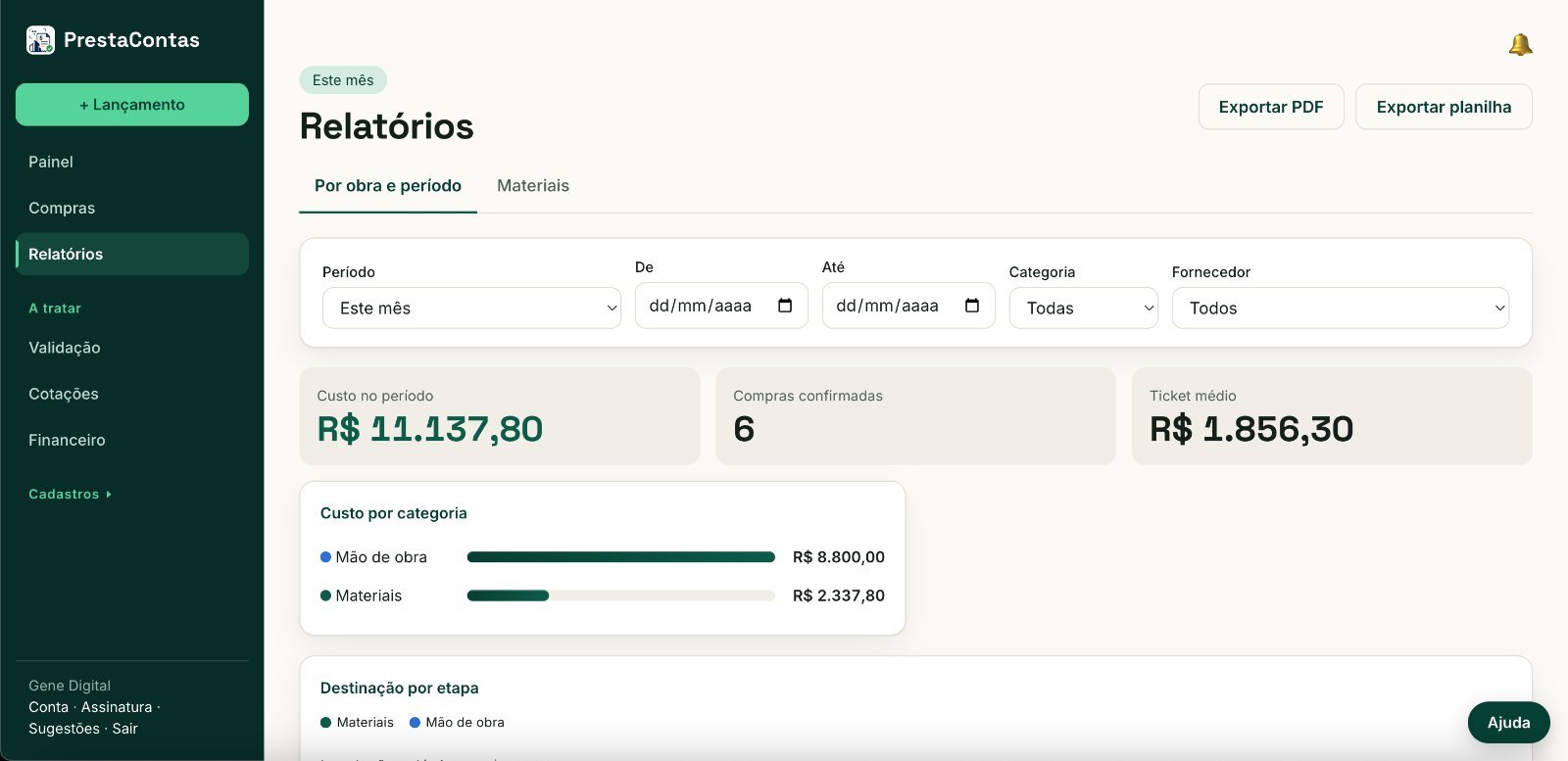 Tela de relatórios da obra no PrestaContas